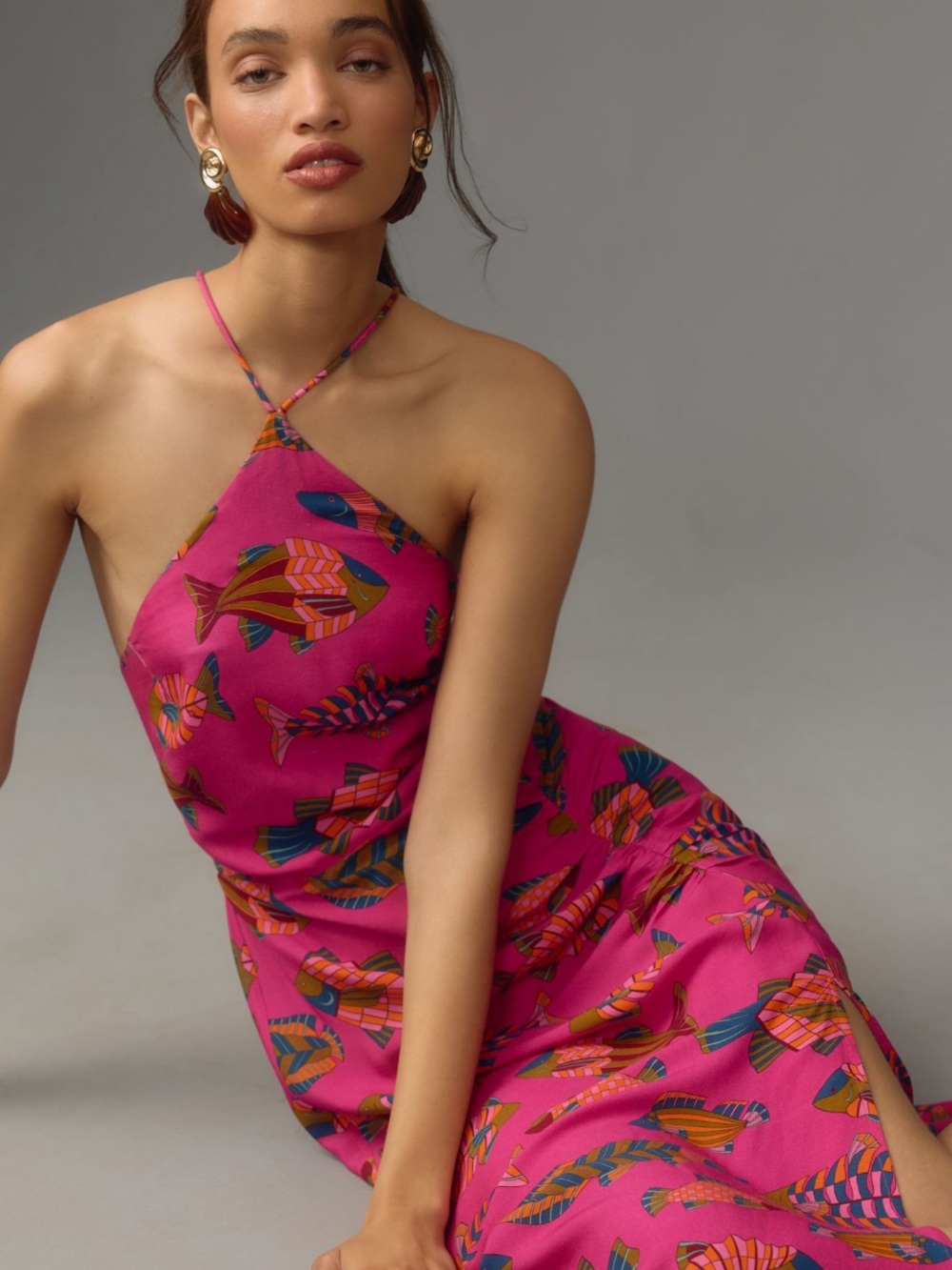 FARM Rio Pink Halter Slip Dress with Tropical Fish Print